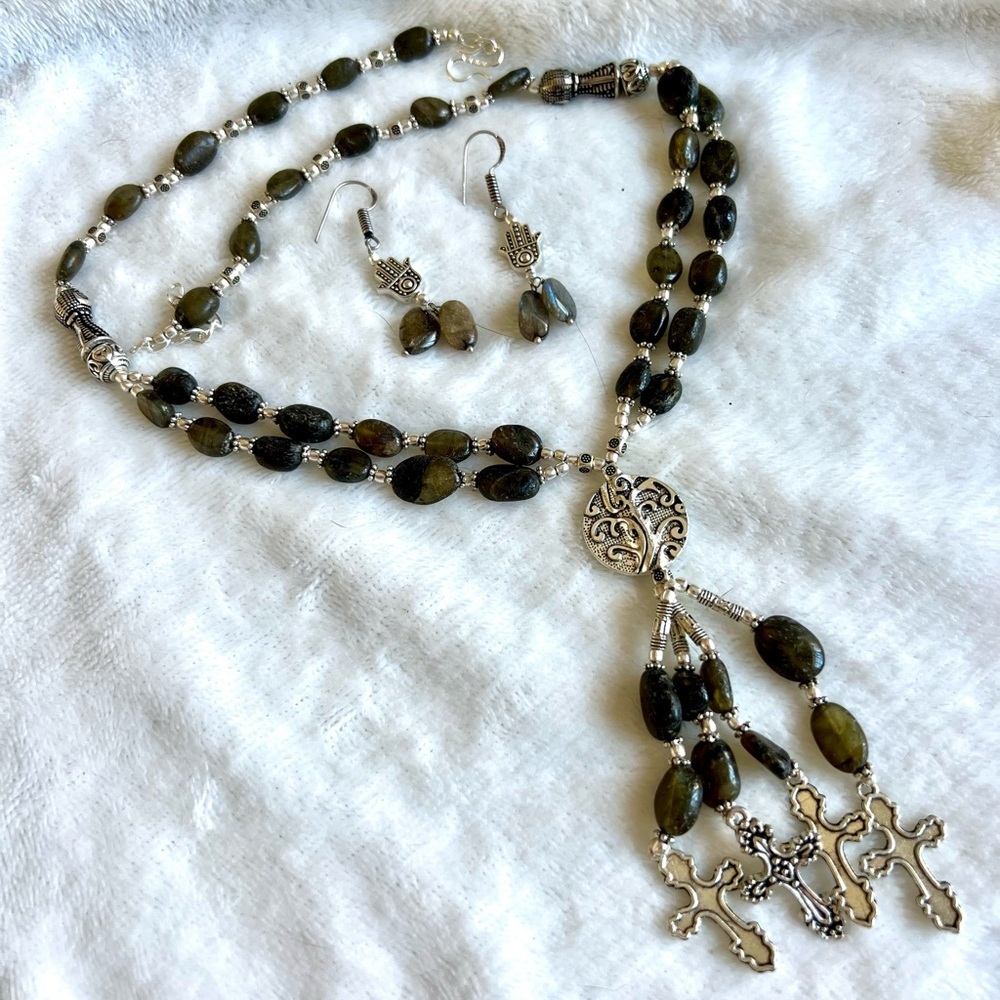 925 GORGEOUS! Labradorite Cross Necklace & Earring Set